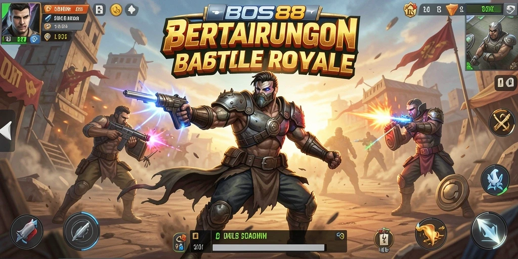 Tampilan seru gameplay Battle Royale di BOS88 dengan pemain bertarung.