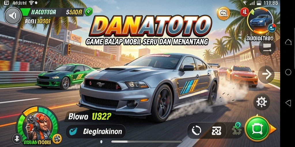 Screenshot utama menunjukkan balapan seru dalam DANATOTO dengan mobil yang cepat.