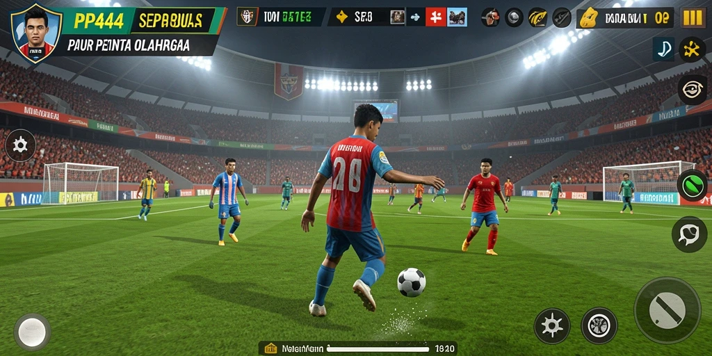 Screenshot gameplay PP444 yang menampilkan aksi seru dalam pertandingan sepak bola.
