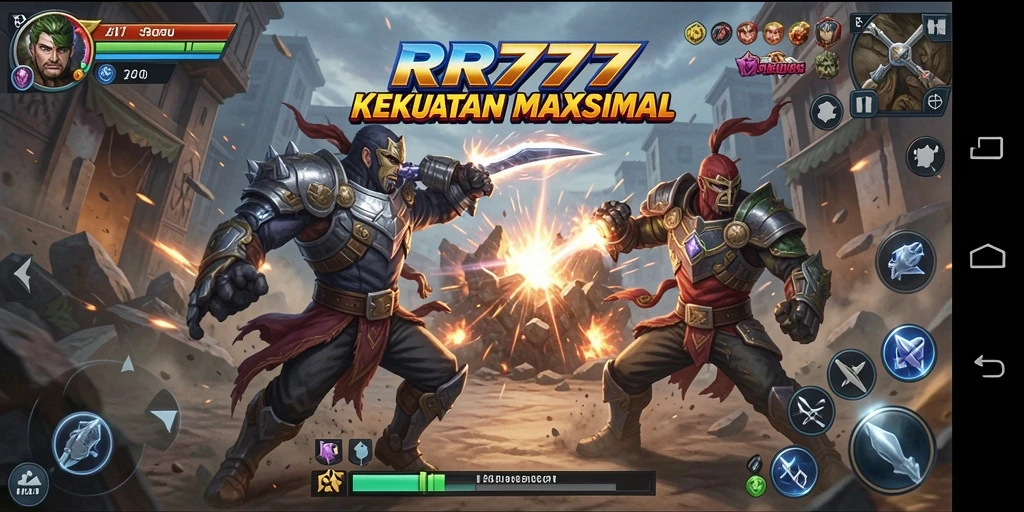 Screenshot utama RR777 menampilkan aksi pertarungan yang intens dan dinamis.
